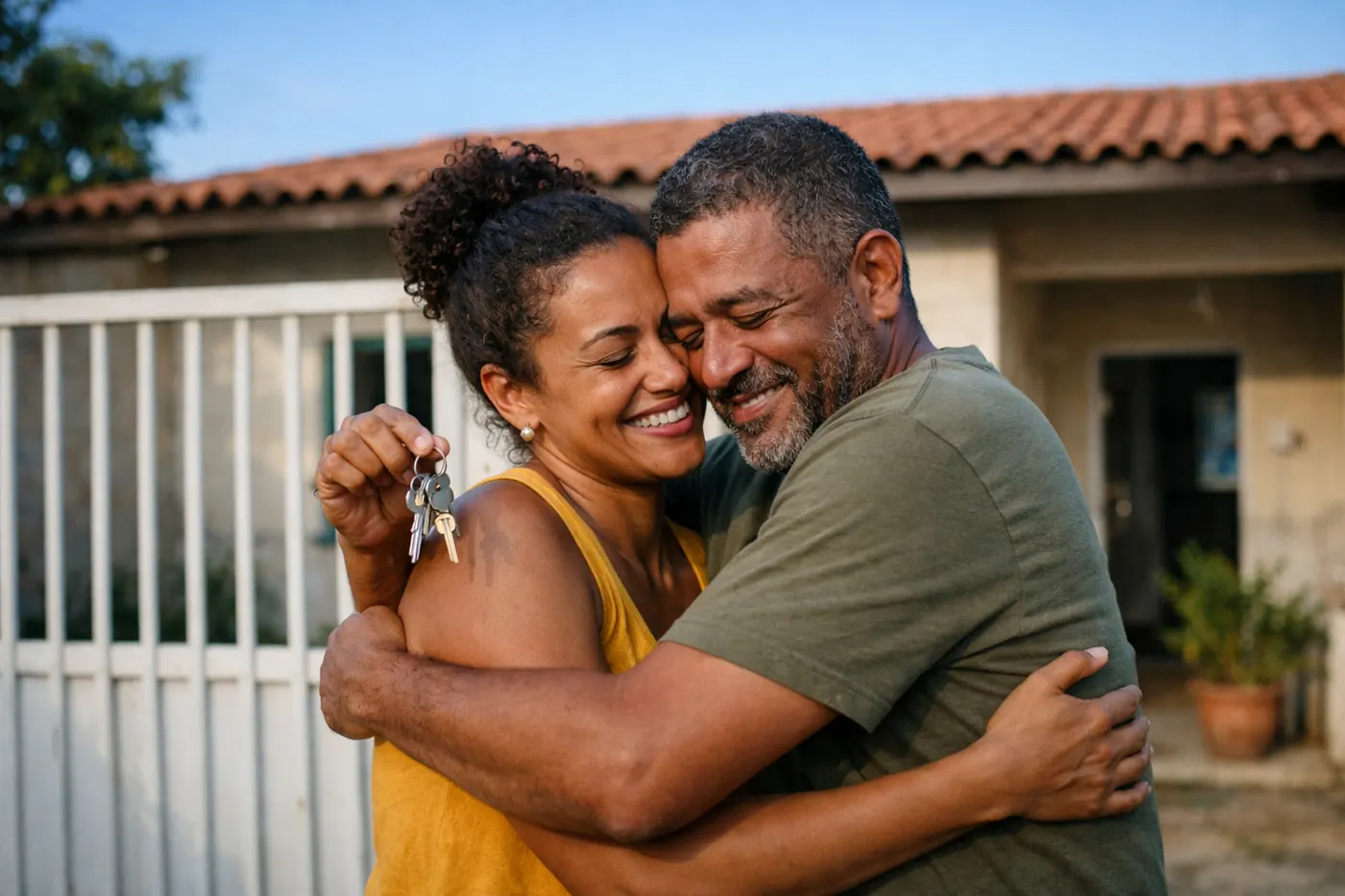 Casal abraçado em frente ao portão da casa, com o molho de chaves na mão
