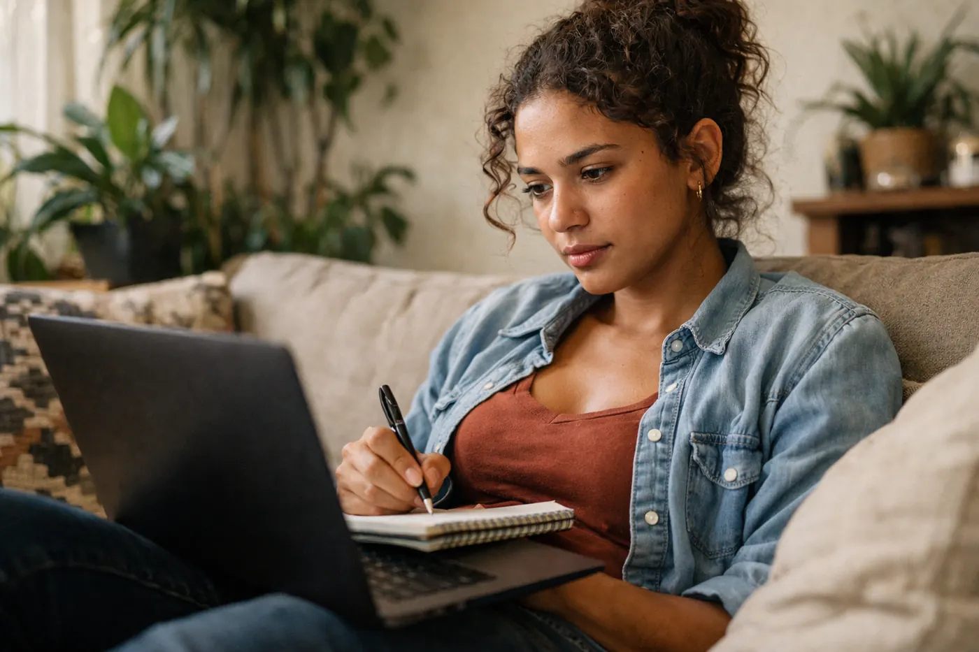 Jovem estudando no sofá com notebook e caderno de anotações