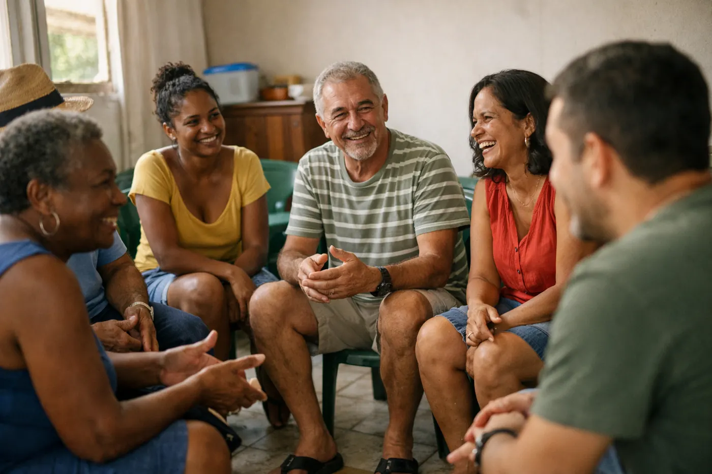 Grupo de pessoas sentadas em roda conversando de forma descontraída