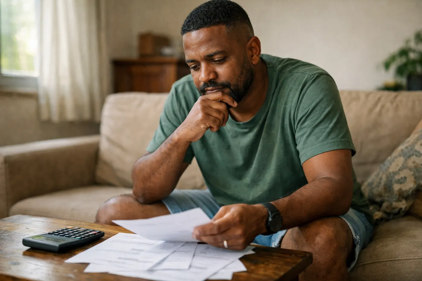 Homem no sofá com papéis e calculadora, pensando com calma nas opções