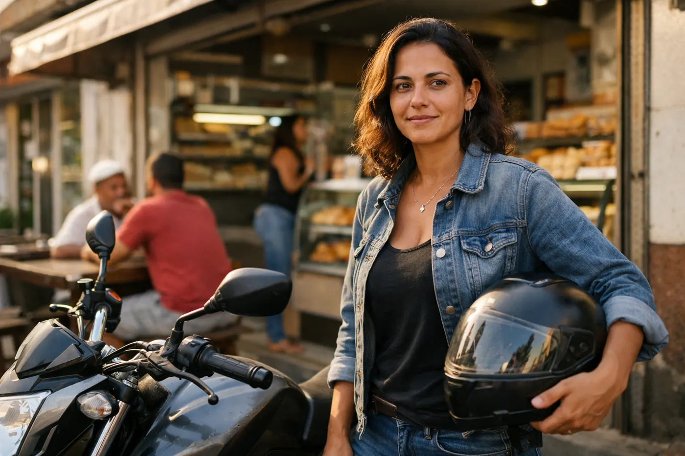 Mulher com capacete na mão ao lado de uma moto estacionada em frente a uma padaria