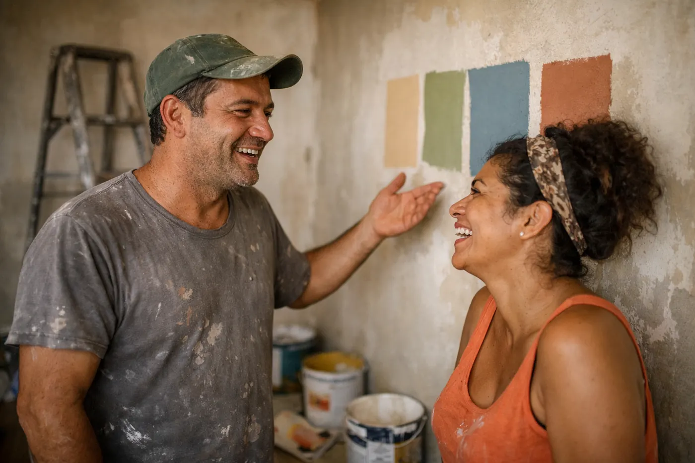 Casal em uma sala em reforma escolhendo a cor da tinta na parede