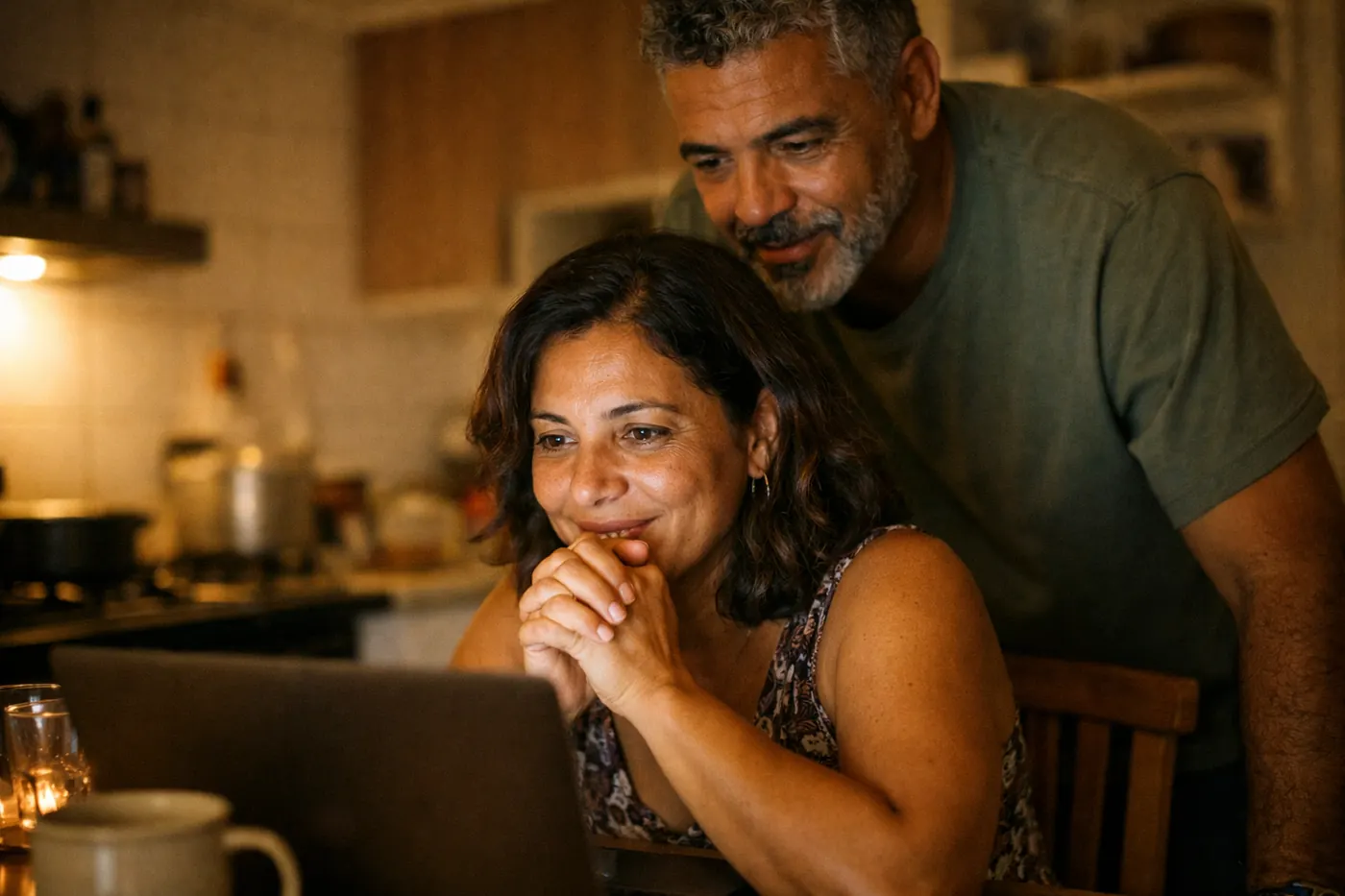 Mulher acompanha algo no notebook na cozinha com expectativa, e o marido olha a tela atrás dela