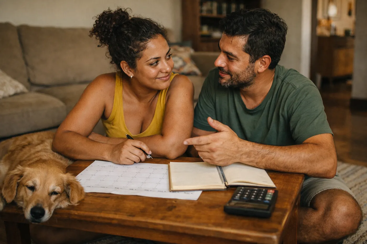 Casal sentado no chão da sala com calendário, caderno e calculadora, ao lado do cachorro
