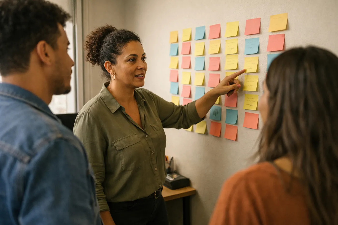 Gestora comercial aponta para colunas de post-its na parede enquanto dois colegas acompanham
