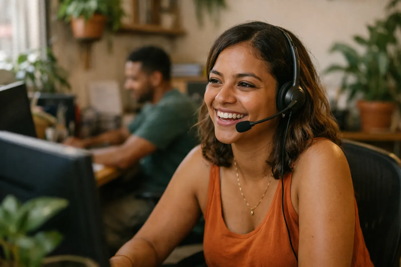 Vendedora jovem com headset sorri durante uma ligação em uma sala de vendas com plantas