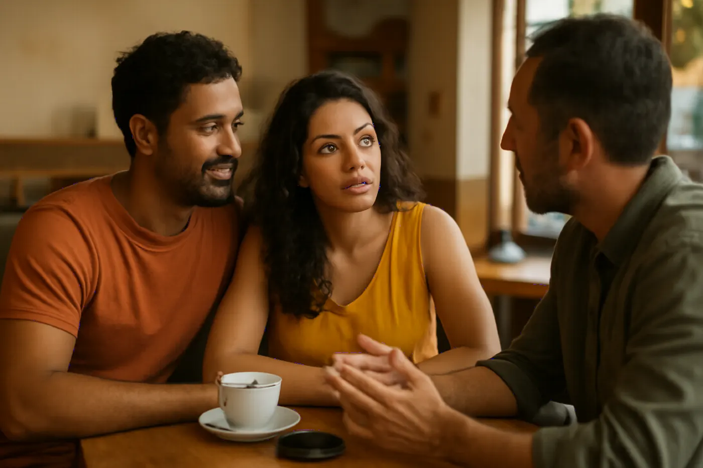 Casal brasileiro ouve explicação sobre consórcio em café, em conversa com consultor em ambiente realista e iluminado.