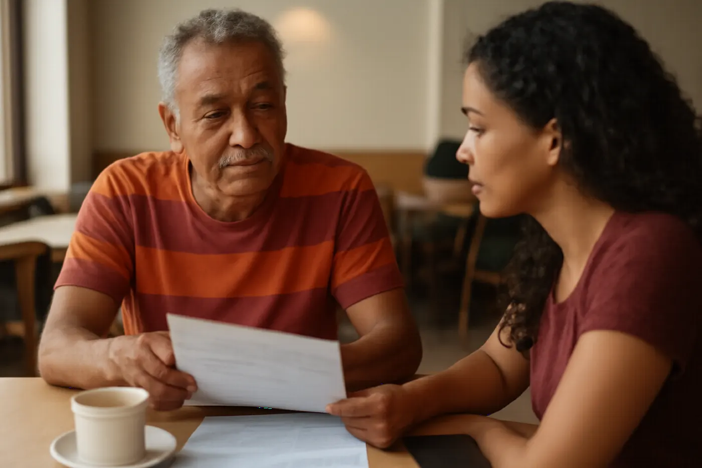 Homem e mulher brasileiros conversam em escritório simples sobre etapas do funil de vendas de consórcio.