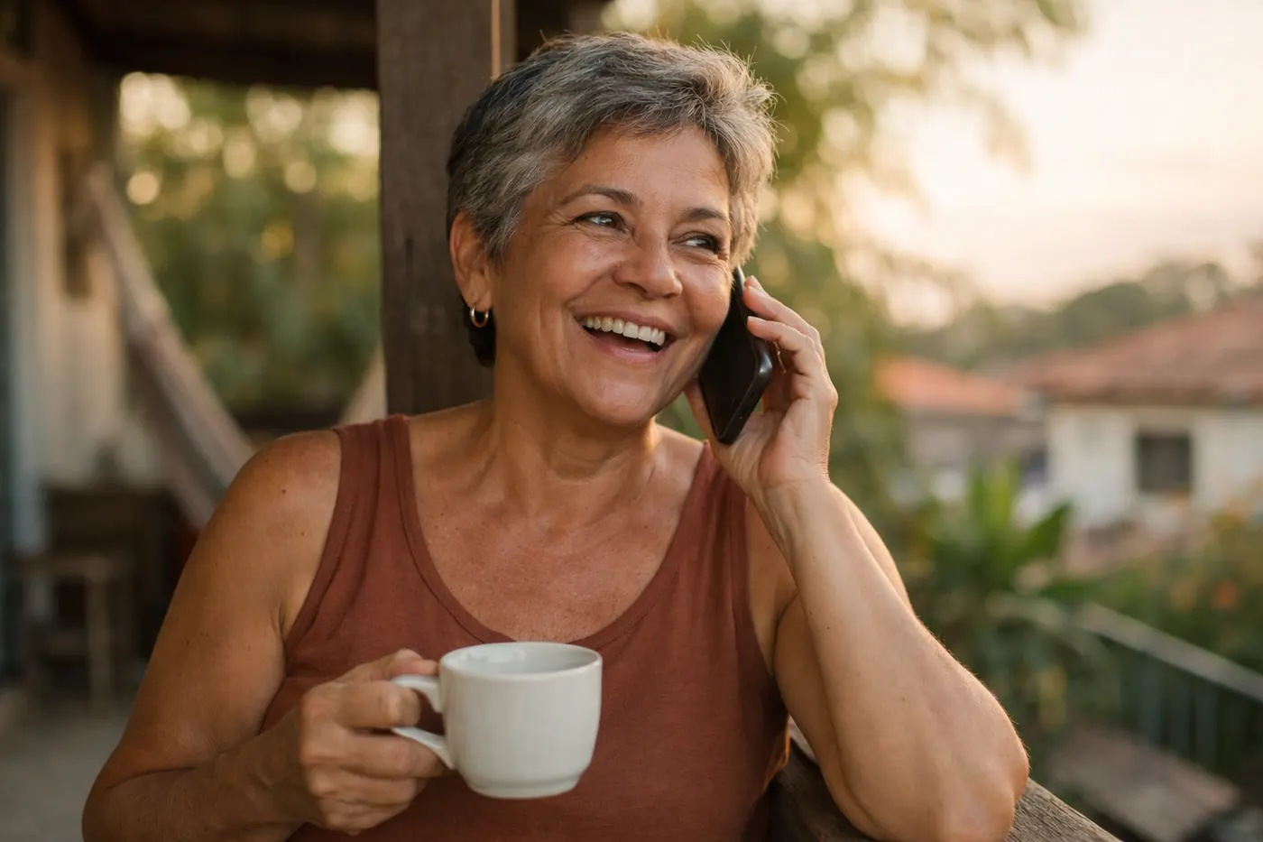 Mulher de cabelos grisalhos atende o celular na varanda de casa, sorrindo, com uma xícara na mão