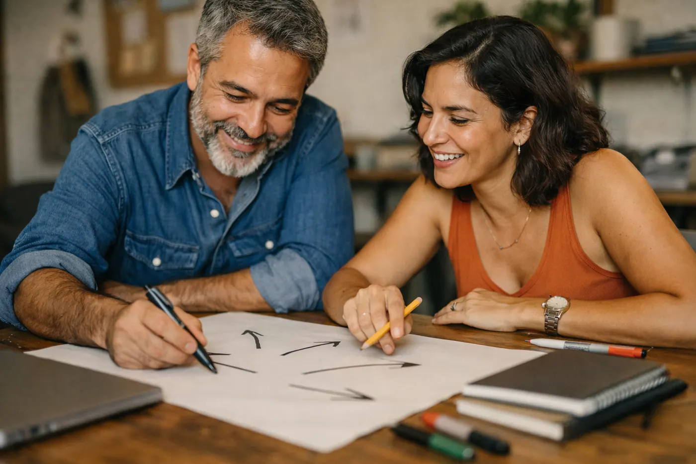 Dois sócios desenham setas em uma folha grande durante uma reunião de planejamento