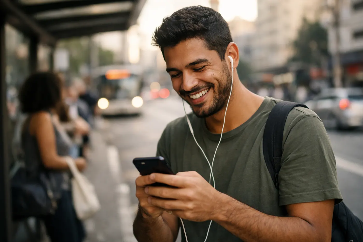 Rapaz no ponto de ônibus sorri ao ler uma mensagem no celular