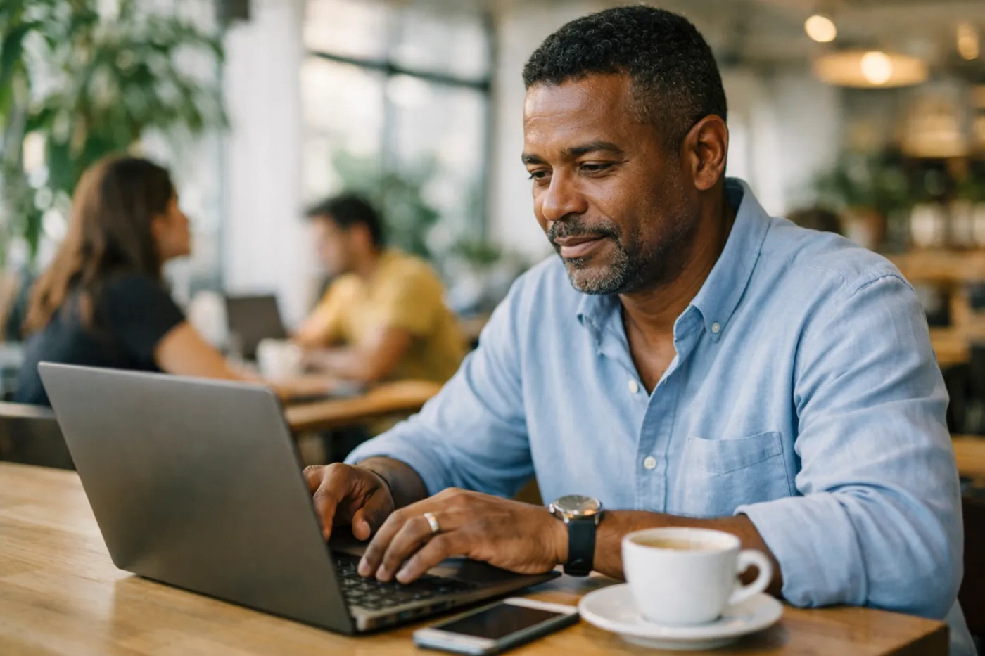 Representante de consórcio organizando a agenda do dia no notebook, com café ao lado, em um coworking iluminado