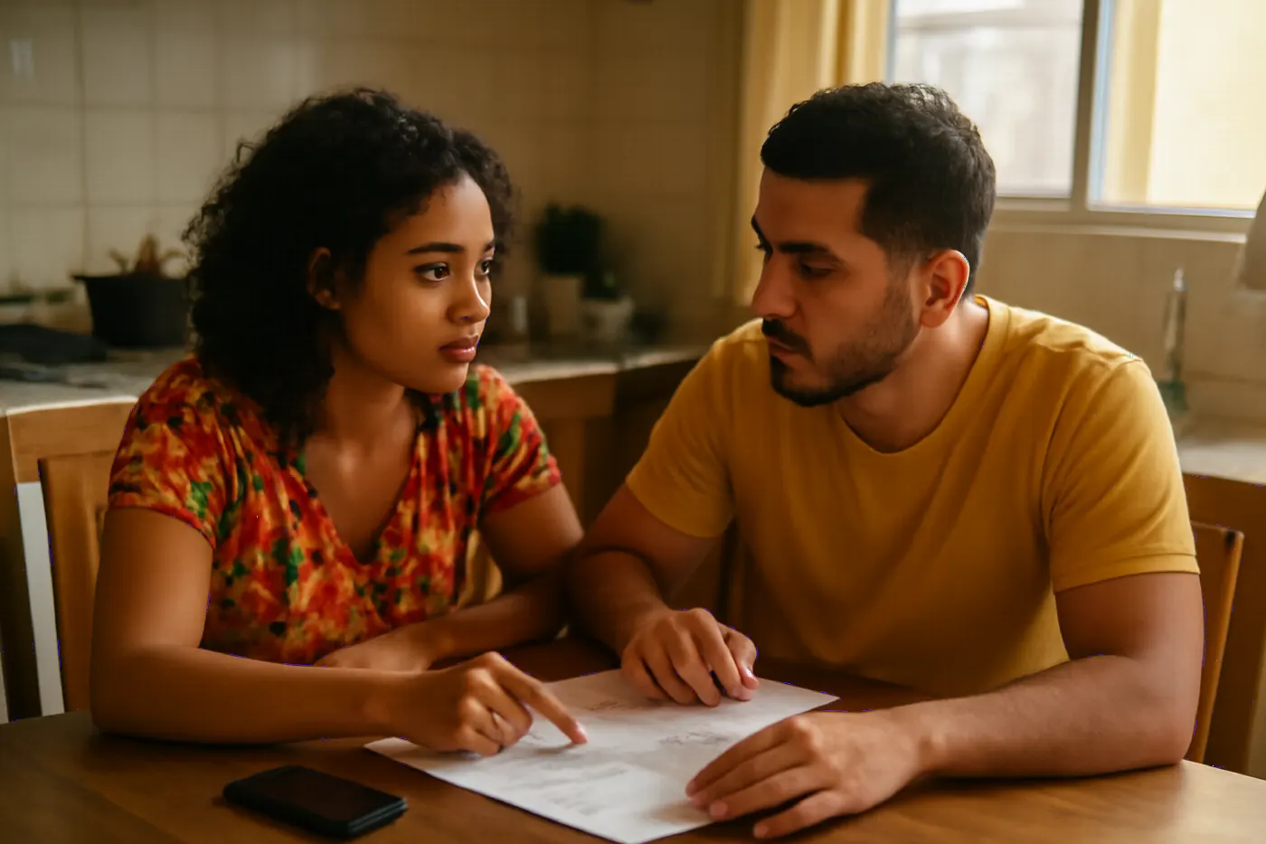 Casal brasileiro analisa contrato de consórcio à mesa da cozinha, com luz natural e ambiente caseiro.