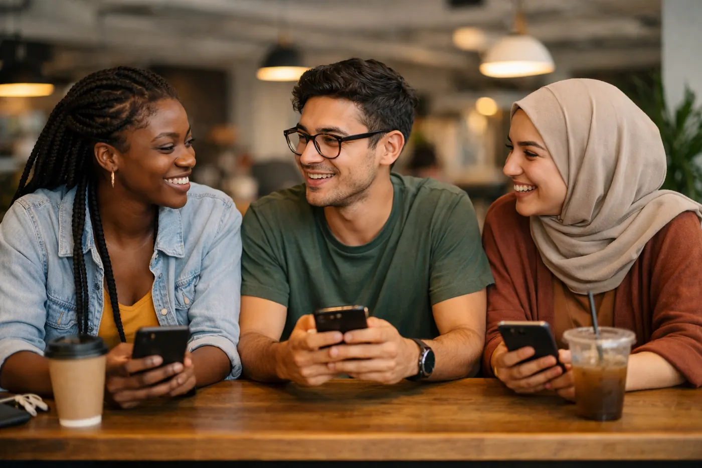 Três vendedores jovens lado a lado em uma bancada, cada um com o celular, conversando entre si